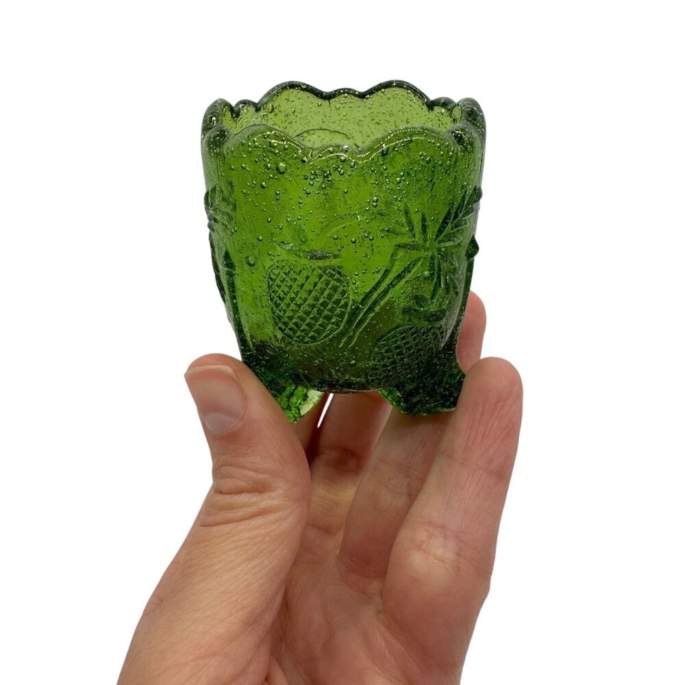 Vintage Green Glass Toothpick Holder 3 Footed Scalloped Edge Strawberry Cottage